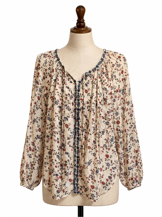 Chaps Tops - Chaps Cream Floral Peasant Blouse with Blue Trim